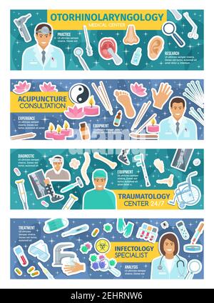 Traumatology, otorhinolaryngology, infectology and acupuncture medicine. Vector otolaryngologist and traumatologist doctors, pills, human organs, join Stock Vector