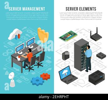 Datacenter vertical banners with server management and elements of server equipment isometric flowcharts vector illustration Stock Vector