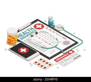 Isometric composition with health insurance card medicine stethoscope and mobile phone on white background 3d vector illustration Stock Vector