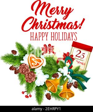 Merry Christmas icon and greeting lettering wish of New Year fir or pine and holly wreath decoration with golden bell ornament. Vector isolated 25 Dec Stock Vector