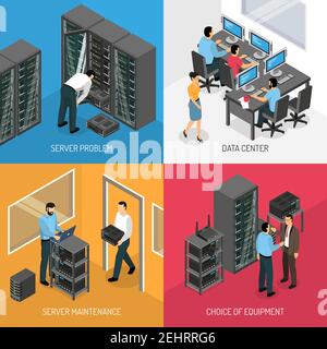 Datacenter 2x2 design concept of square compositions describing choice of equipment and work in server maintenance isometric vector illustration Stock Vector