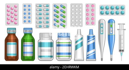 Vector Medical Set, lot collection of cut out illustrations of blue and pink pills in variety package, group of brown and green glass and plastic pill Stock Vector