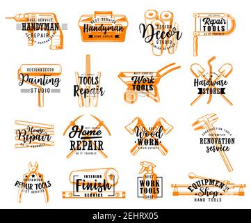 Work tools sketch lettering, home repair works and house renovation store. Vector ceramic tile cutter, plastering spatula or wallpapers and paint spra Stock Vector