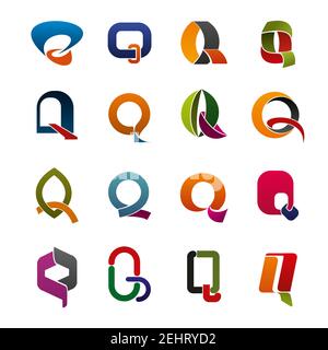 Letter Q abstract icons of corporate identity, business elements. Colorful ribbons, curved lines and geometric figures in a shape of alphabet symbol q Stock Vector