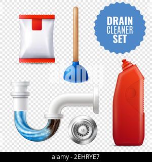 3D style drain cleaner transparent icon set with equipment and attributes for clean pipes vector illustration Stock Vector