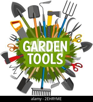 Gardening, planting and agriculture tools, equipment. Shovel, rake and trowel, scissors, spade and axe, saw, fork and sickle round badge, pruner, deco Stock Vector