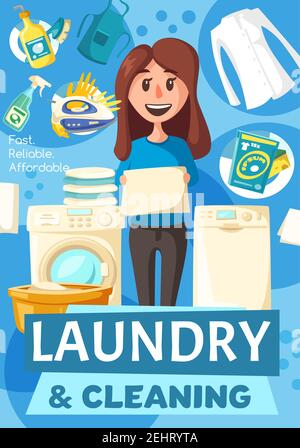 Laundry and cleaning service. Cleaner woman or maid with clean clothes in basket near washing machine, iron, brush and gloves, apron, detergent bottle Stock Vector