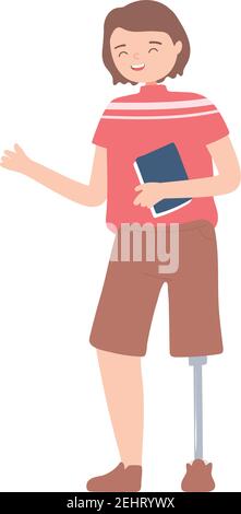 smiling young man with leg prosthesis and book in hand vector cartoon illustration isolated Stock Vector