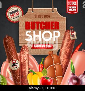 Butcher shop with fresh sausages and meat symbols realistic vector illustration Stock Vector