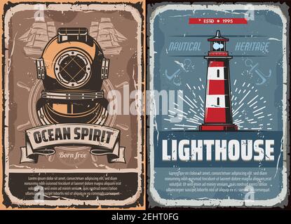 Nautical vintage compass rose, anchor and helm, old ship, sail boat and steering wheel, retro lighthouse and antique diver helmet. Sea travel, ocean c Stock Vector