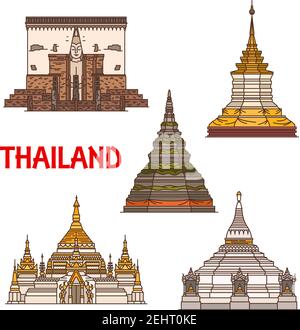 Travel landmark of Thailand, vector icons of ancient buddhist temple. Stupas of Phra That Chedi Luang and Phra That Doi Chom Thong, Phra That Doi Kong Stock Vector
