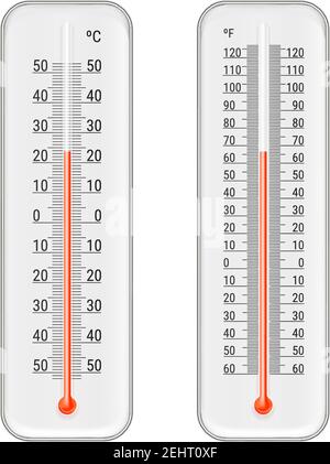 Set of realistic white meteorology thermometers with celsius and fahrenheit scales, red mercurial indicator isolated vector illustration Stock Vector