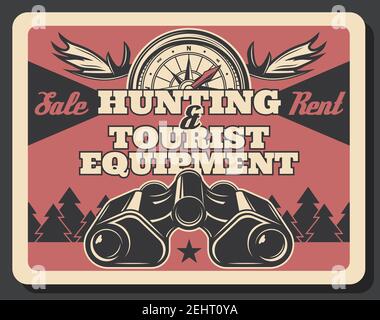Hunting ammunition and tourist items with hunter binoculars and compass, antlers and forest tree landscape. Vector huntsman or scout camping gears, to Stock Vector