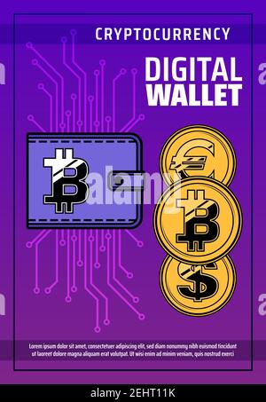 Cryptocurrency digital wallet, bitcoins and mining blockchain technology. Vector bitcoin or digital cryptocurrency exchange, innovative e-business and Stock Vector