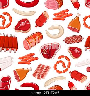 Meat pattern of pork, beef and sausages on seamless background. Vector butcher meat products, bacon or ham and lamb ribs barbecue , salami and peppero Stock Vector