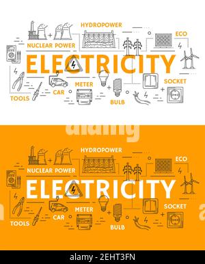 Electricity and power plants thin line icons. Vector electrician tools ammeter, voltmeter or wires and light bulb with hydropower, nuclear power plant Stock Vector