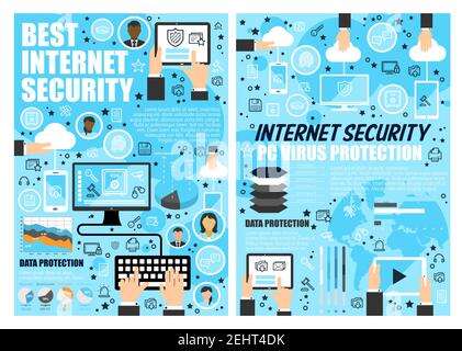 Internet security and virus protection web technology. Cyber safety, data privacy and online information protection vector concept with computer and l Stock Vector