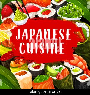 Japanese cuisine rolls, temaki nd uromaki, gunkan and inari, nigiri and maki sushi with chopsticks and wasabi sauce, seafood restaurant and buffet men Stock Vector