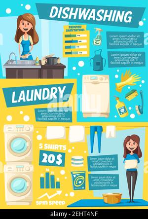 Laundry and kitchen dishwashing cleaning service. Vector cartoon woman with cleaning items, washing machine and laundry with detergent and utensil, cl Stock Vector