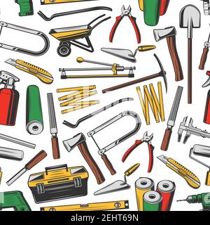 Repair and construction work tools, vector seamless pattern background. Screwdriver, drill and carpenter toolbox, hammer, trowel and pliers, ruler, ta Stock Vector