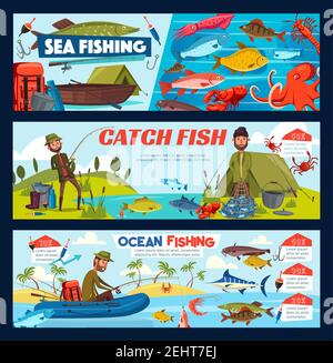 Fisherman fishing with rod and net from boat or shore. Bearded man fish catch, fishing tackle and equipment, hook, marlin and float, pike, perch and c Stock Vector