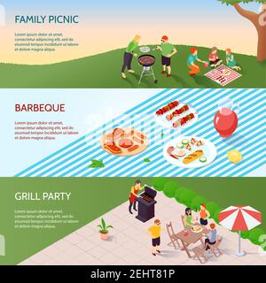 Set of horizontal isometric banners with grill party, family picnic, barbecue at table isolated vector illustration Stock Vector