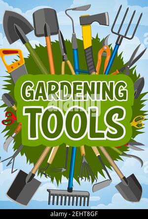 Gardening work tools of rake, shovel and fork, watering can, hose and trowel, bucket, wheelbarrow and pruner, axe, pitchfork and green grass. Farming Stock Vector