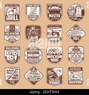 Tools vector icons with hammer, drill and ruler, spanner, paint roller and saw, axe, toolbox and trowel, pickaxe and shovel on vintage shield. Constru Stock Vector