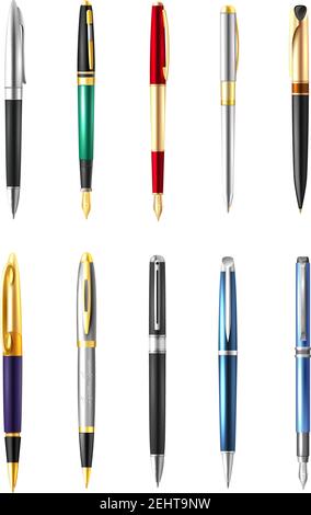 Colored and realistic business pen icon set with different types and colors of pens vector illustration Stock Vector