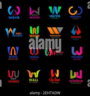 Letter W icons for business company, web studio or home development industry and art center. Vector W symbols for wine shop, wellness center and aero Stock Vector