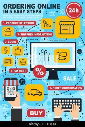 Online shopping, ordering and internet store or web shop. Vector shopping cart, gift and barcode with discount, computer monitor or smartphone buy and Stock Vector
