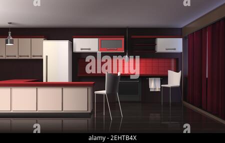 Modern kitchen interior realistic design composition with black red and white shelves fridge with designer furniture vector illustration Stock Vector