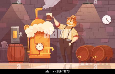 Brewer in own brewery demonstrating beer production near barrels and plant equipment  flat cartoon vector illustration Stock Vector
