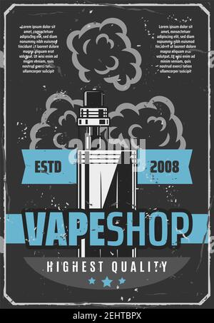 Vape shop advertisement retro poster design of electronic cigarette or e-cigarette for modern smoking or vaping. Vector vintage grunge design of aroma Stock Vector