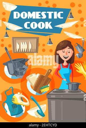 Domestic cook, private chef or housewife in kitchen. Woman in apron cooking dinner on stove with pan, ladle and bowls, cup, gloves and cutting board Stock Vector