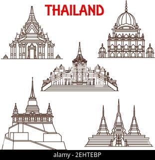 Thailand Buddhist temples architecture vector landmark icons. Thin line facades of Golden Buddha Wat Traimit, Saket Mount or Pho and Sikh temple or La Stock Vector