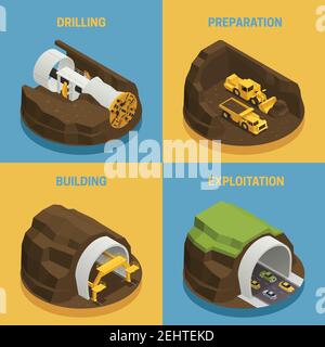 Stages of tunnel construction process isometric 2x2 icons set isolated on colorful backgrounds 3d vector illustration Stock Vector