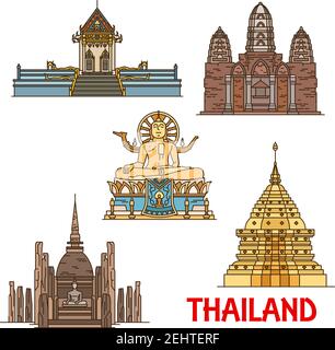 Thailand vector travel landmarks. Ancient thai temples, pagodas and statues linear icons. Big Buddha Temple, Wat Khunaram, Phra That Doi Suthep, Mahat Stock Vector