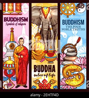 Buddhism religious symbols and sacred culture sketch banners. Vector Dharma wheel, golden Buddha or monk statue and white elephant, Zen meditation lot Stock Vector