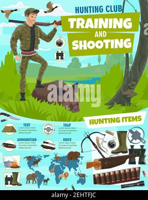 Training and shooting in hunting sport poster. Hunter with rifle and wild boar in forest. Items for hunt, crossbow and trap, binoculars and bullets, c Stock Vector
