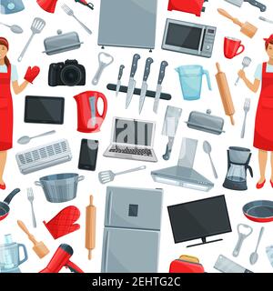 Household appliance and kitchen utensil seamless pattern background. Vector fridge, toaster and blender, kettle, tv set and microwave, laptop, air con Stock Vector