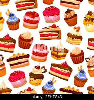 Pastry desserts ans sweet cakes pattern background for patisserie or cafeteria. Vector seamless design of chocolate cupcake, tiramisu or muffin and ch Stock Vector