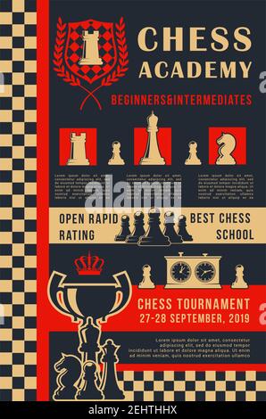 Chess academy poster of chess on chessboard for open tournament or school. Vector design of king, queen or rook with knight or bishop and pawn for spo Stock Vector