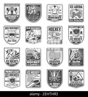Hockey icons and sport team badges set. Vector retro symbols of hockey player with puck and stick, goalkeeper and referee whistle with ice rink arena Stock Vector