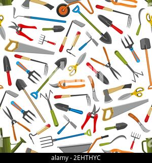 Gardening and farmer planting seamless pattern. Vector background of gardener tools wheelbarrow, spade and rake or hoe and secateurs with watering can Stock Vector