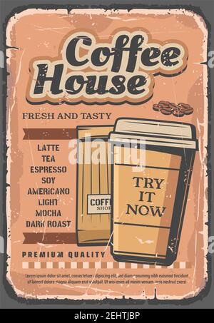 Coffee house retro poster, hot drink in paper cup with cover and fragrant beans in pack. Latte and tea, espresso, americano and light, mocha and dark Stock Vector