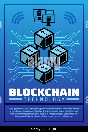Blockchain technology poster, digital money or financial operations with cryptocurrency. Cubes with question marks and connected monitors. Innovative Stock Vector