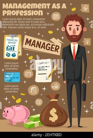 Manager, office clerk or businessman with briefcase. Vector contract and pen, finance report and salary banknotes, coins in money bag and pig, credit Stock Vector