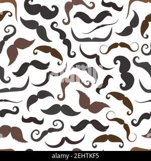 Mustaches hipster style seamless pattern with curls, thin and thick mustache isolated background. Male facial hair styling endless texture, modern bar Stock Vector