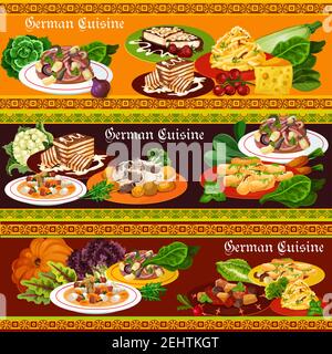 German cuisine dishes with meat and vegetables, vector. Potato and sausage salads with cheese and apples, beer soup, pork ribs with sauerkraut and pep Stock Vector